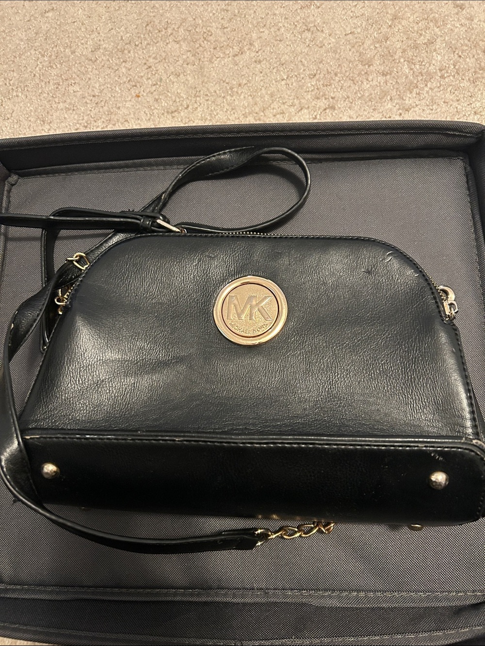 Michael Kors Black Leather Crossbody with Gold MK Medallion